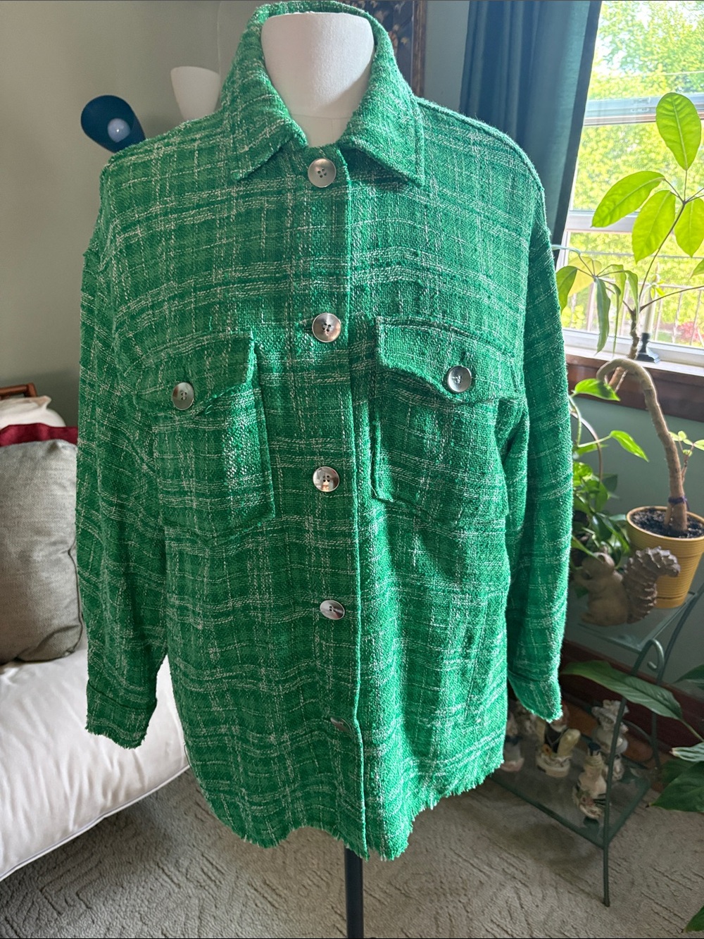 Zara Green Tweed Button-Up Jacket